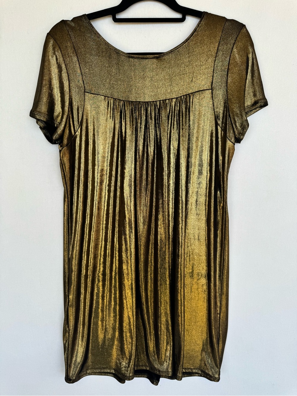ABS Allen Schwartz Metallic Gold Short Sleeve Swing Dress - Picture 6 of 12